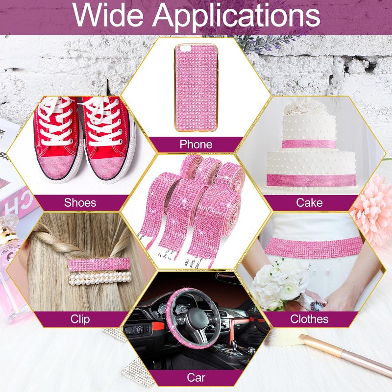 Outus 6 Rolls Self Adhesive Crystal Rhinestone Ribbon Diamond Bling Ribbons Wrap 6 Yards Mesh Glittering Sticker Roll for Arts Crafts Wedding Birthday DIY Event Car Phone Decoration (Pink) - Image 3